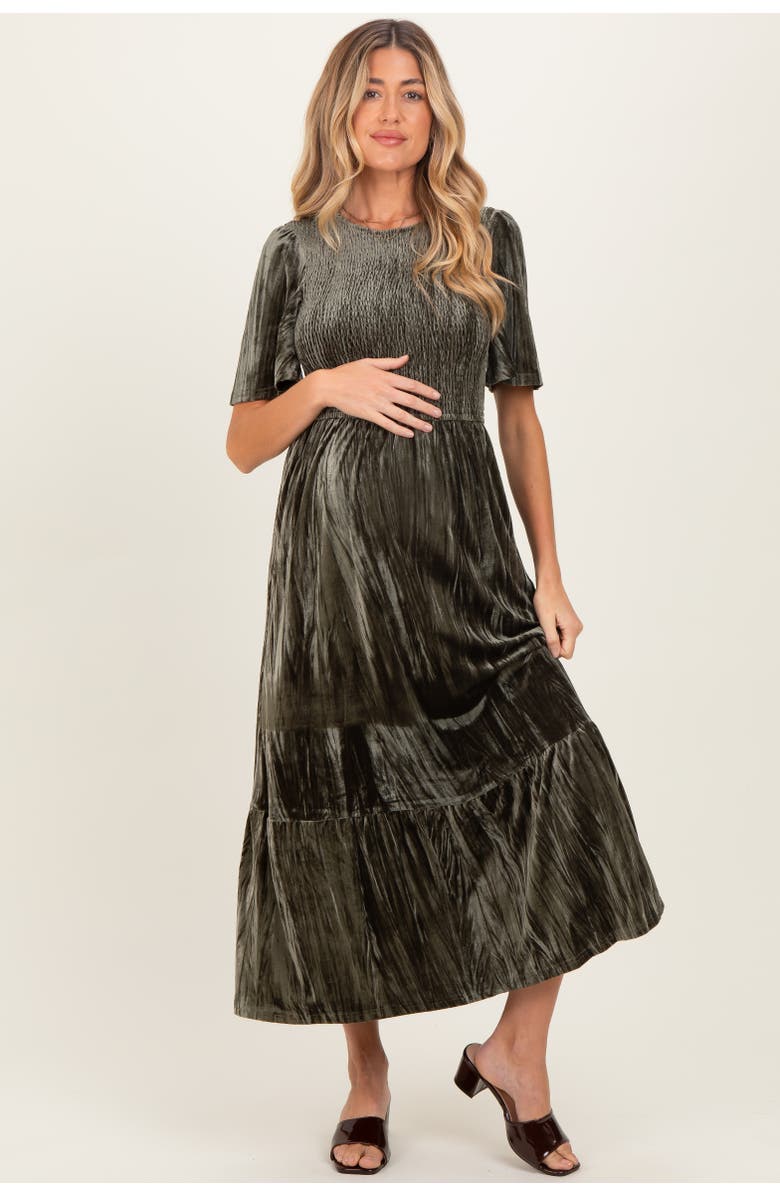 PinkBlush Smocked Velvet MIdi Dress, Main, color, Olive Green