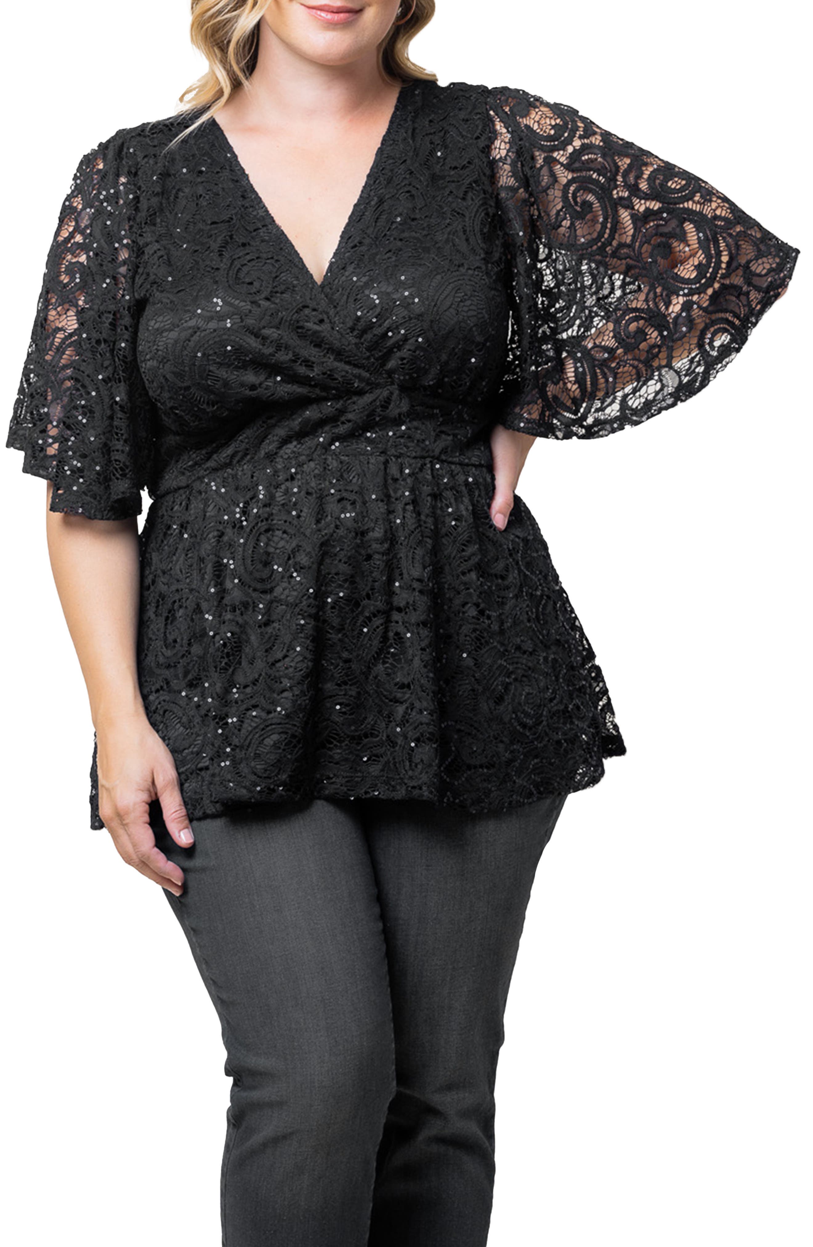 Kiyonna Stardust Sequin Lace Peplum Top in Onyx 