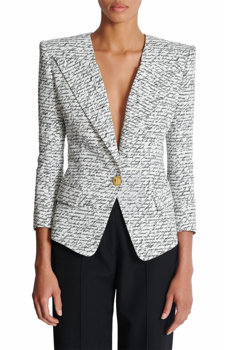 Balmain 1-Button Jacket With "Love Letter" Print, Alternate, color, White