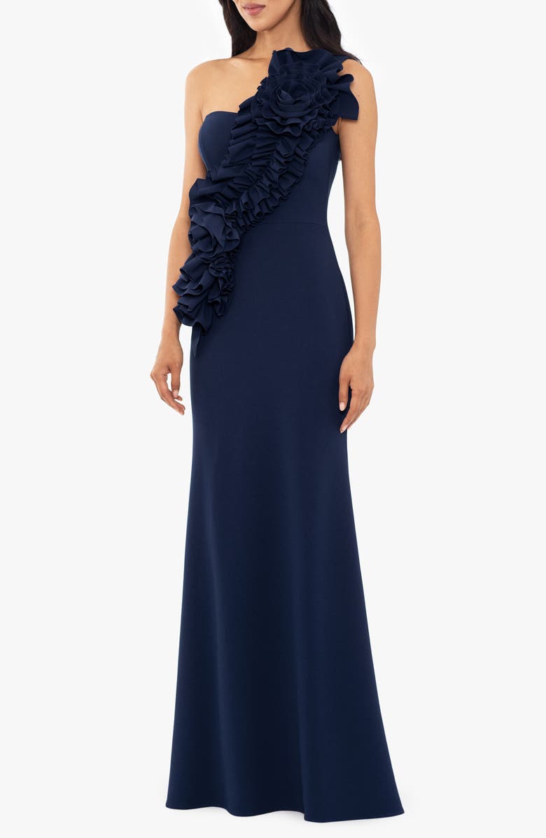 Betsy & Adam Rosette One-Shoulder Trumpet Gown, Alternate, color, Navy