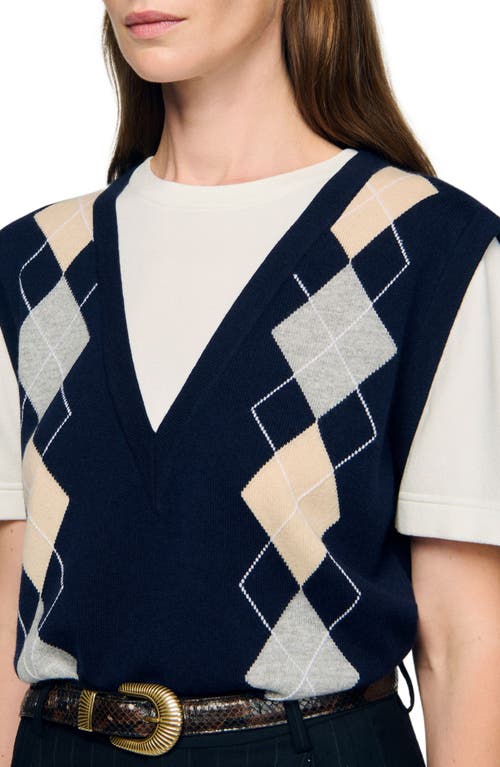 Sandro Argyle Layered Look Sweater Vest Top In Blue