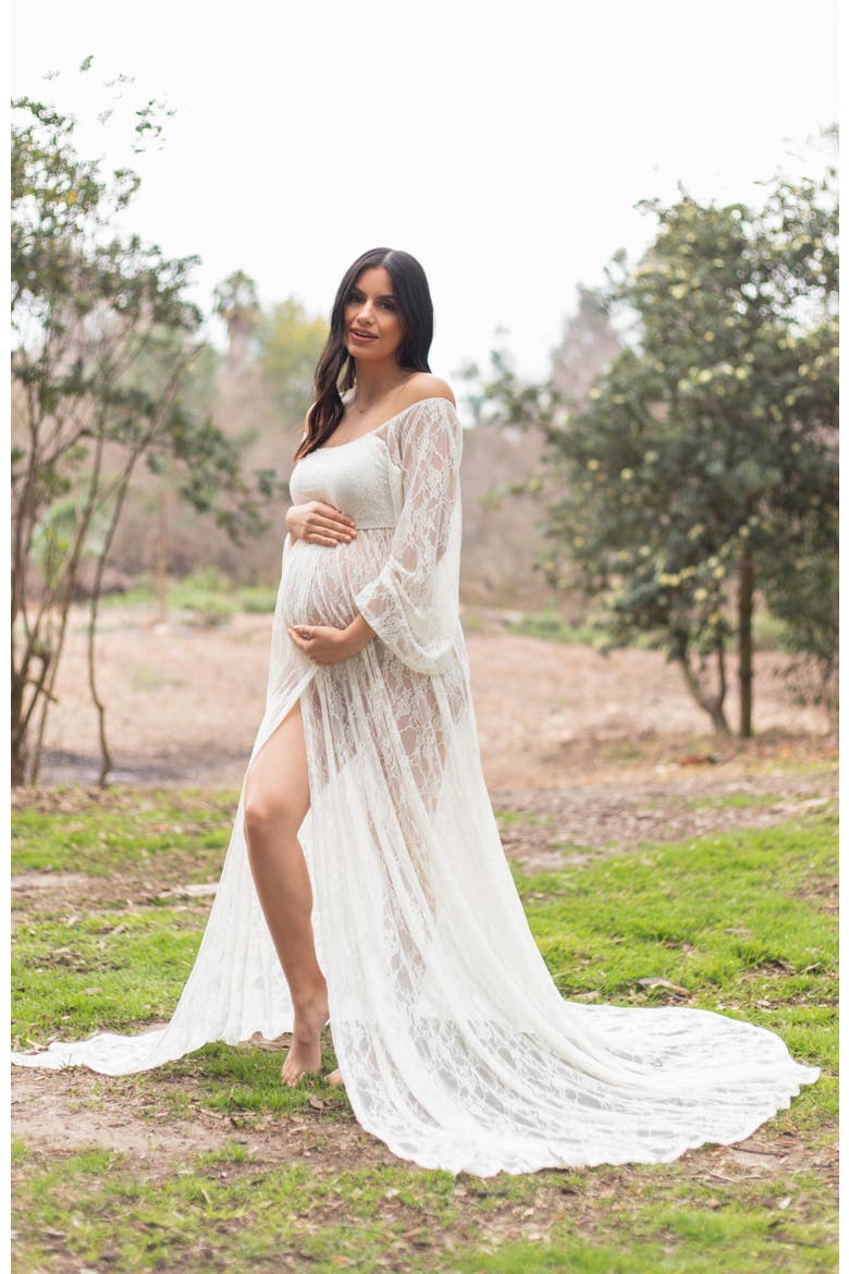 Lace Off Shoulder Maternity Photoshoot Gown/Dress, Alternate, color, White