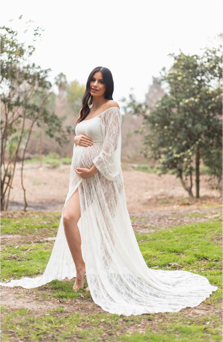 PinkBlush Lace Off Shoulder Maternity Photoshoot Gown/Dress, Alternate, color, White