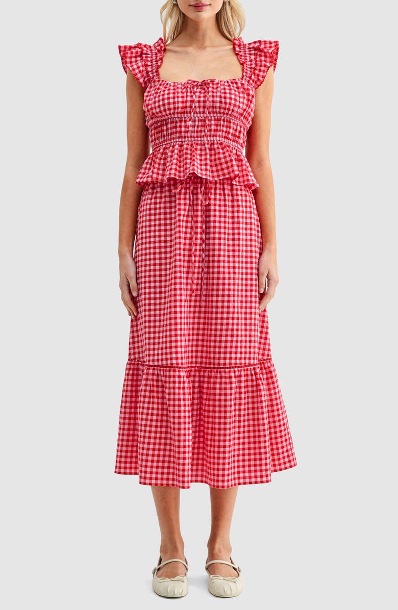 All in Favor Gingham Cotton Blend Midi Skirt, Alternate, color, Red Gingham