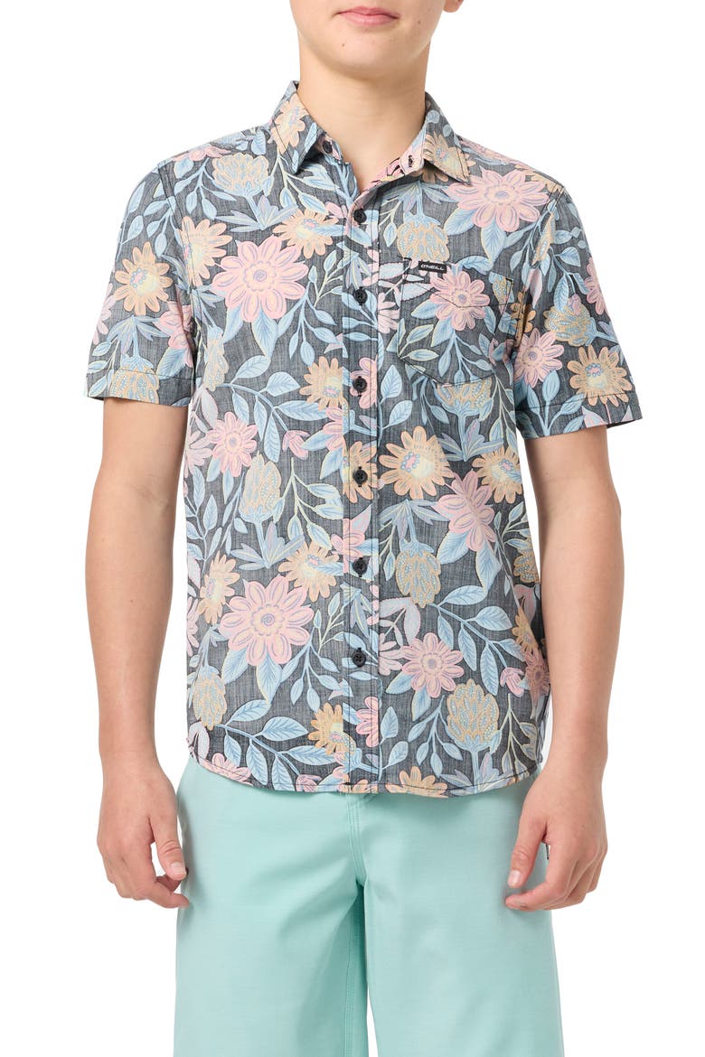 Kids' Oasis Palm Tree Print Short Sleeve Button-Up Shirt, Main, color, BLACK