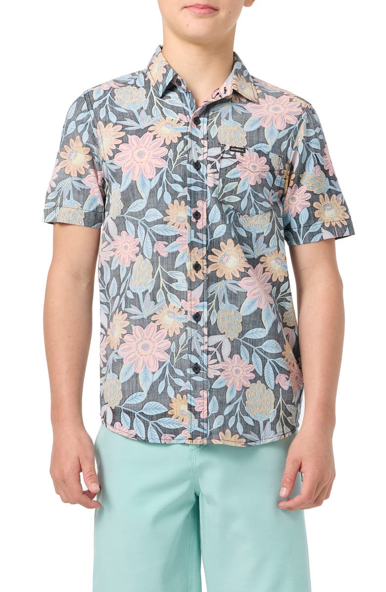 O'Neill Kids' Oasis Palm Tree Print Short Sleeve Button-Up Shirt, Main, color,