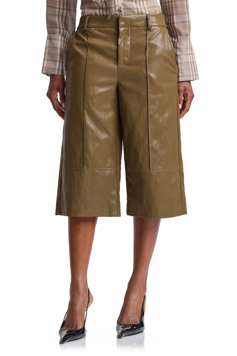 Pintuck Faux Leather Trouser Shorts, Main, color, DEEP MOSS