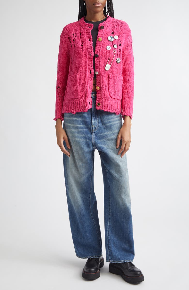 R13 Button Detail Ripped Cotton Cardigan, Alternate, color, Pink