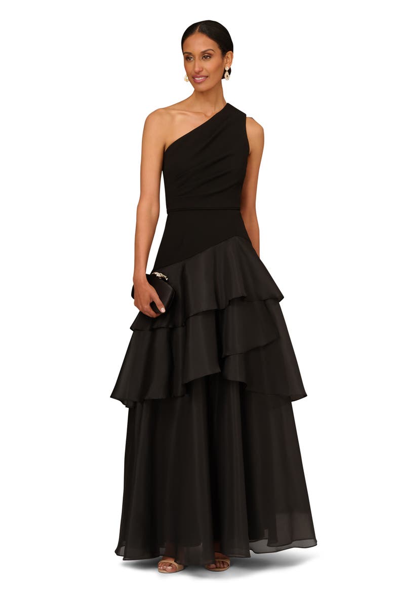 Tiered One-Shoulder Ballgown, Alternate, color, BLACK
