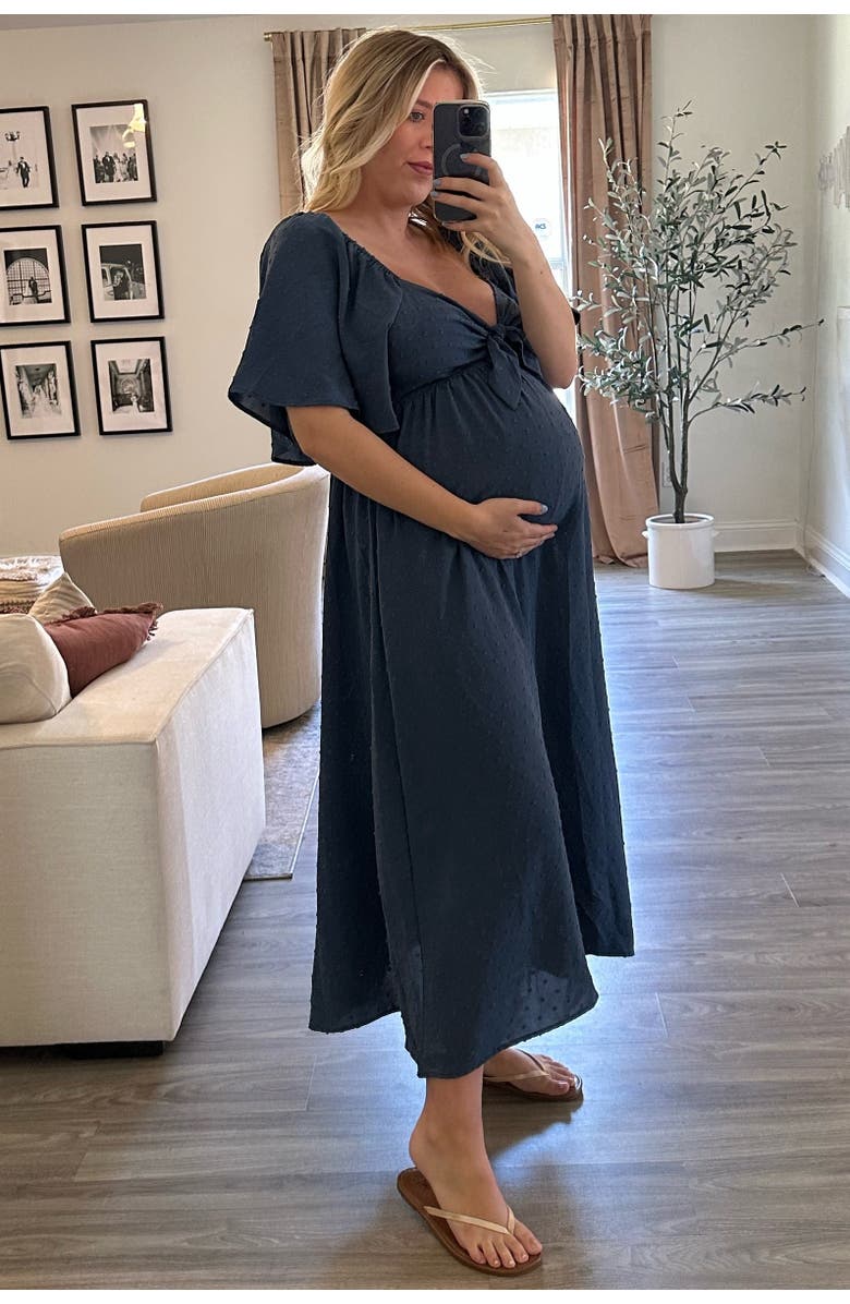 PinkBlush Textured Dot Front Tie Ruffle Sleeve Midi Dress, Alternate, color, Navy Blue