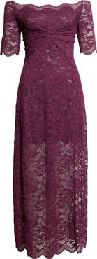 Rabanne Off the Shoulder Stretch Lace Maxi Dress