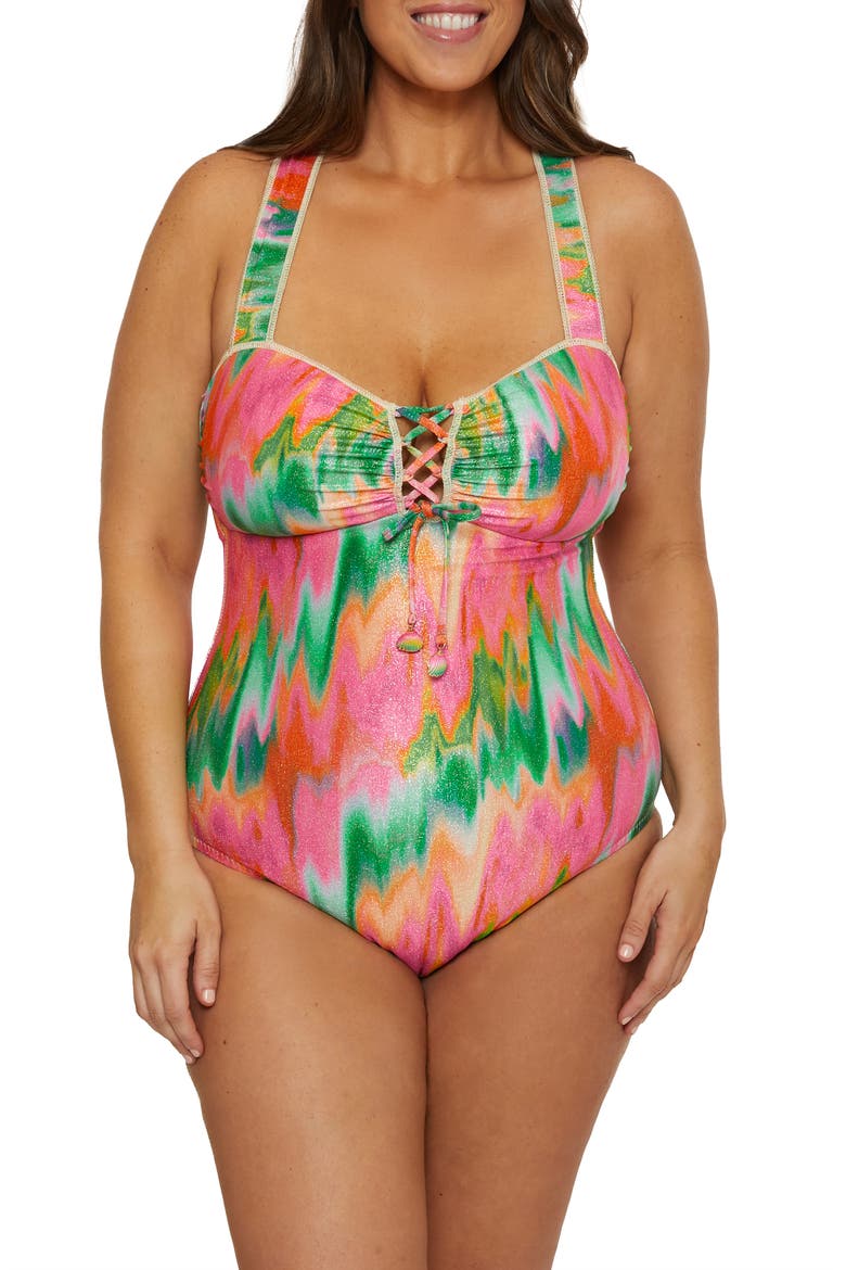 Mirage Metallic Lace-Up One-Piece Swimsuit, Main, color, MULTI