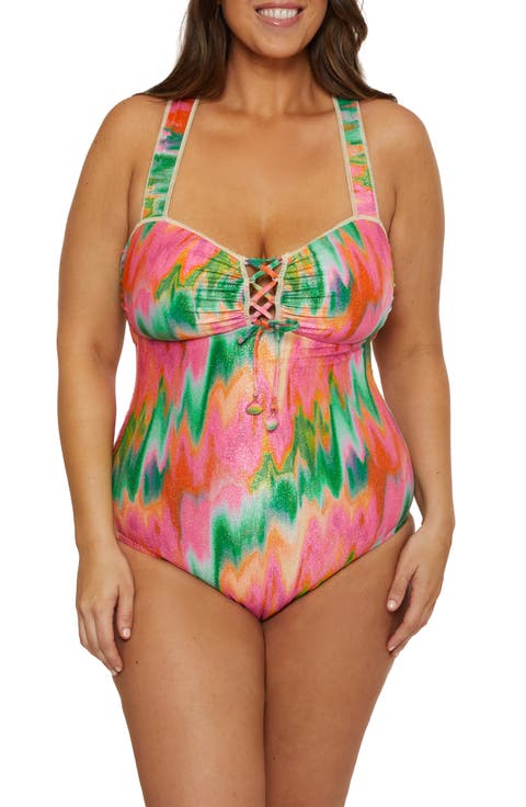 Mirage Metallic Lace-Up One-Piece Swimsuit (Plus)