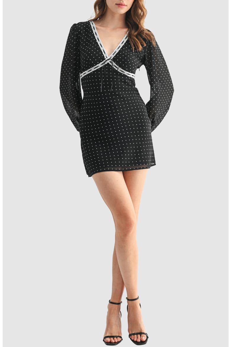 Polka Dot Lace Detail Long Sleeve Minidress, Main, color, BLACK WHITE DOT
