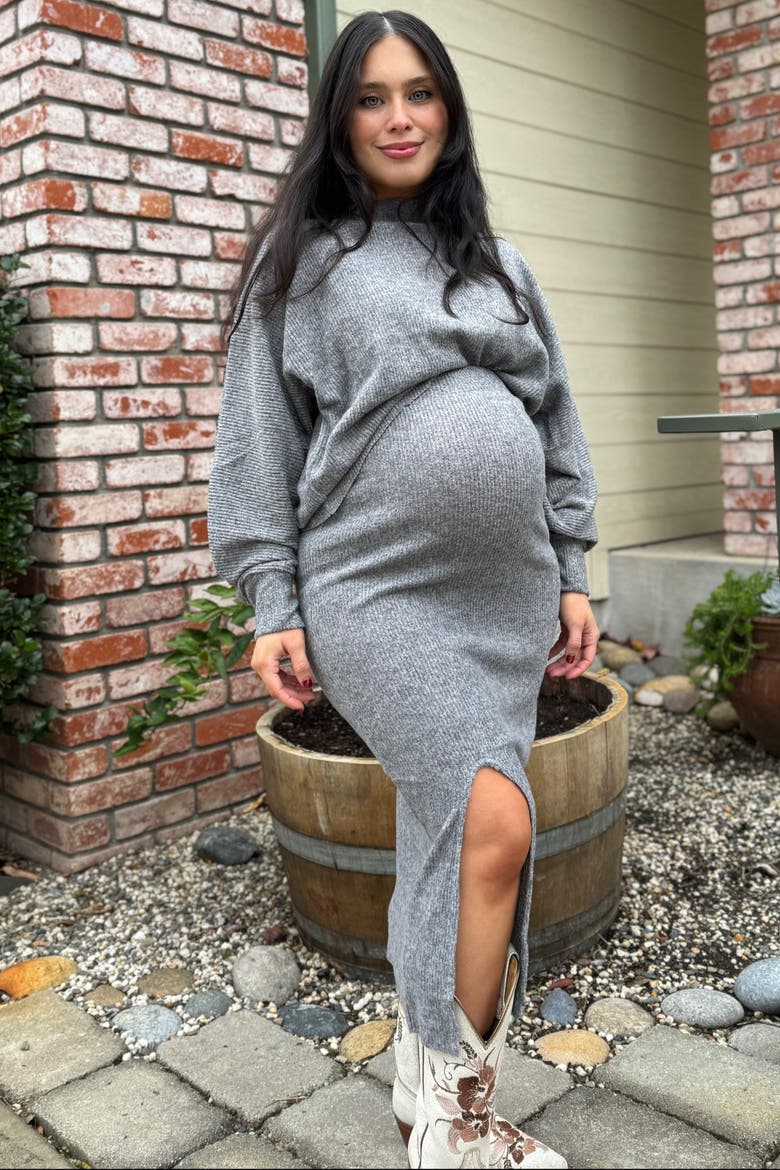 Ribbed Knit Asymmetric Top Midi Skirt Set, Alternate, color, Heather Grey