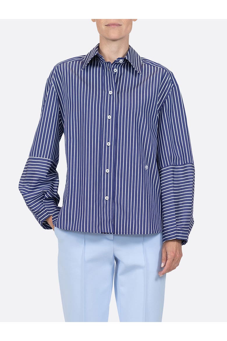 Aura Lantern sleeve stripe shirt, Alternate, color, Navy/white