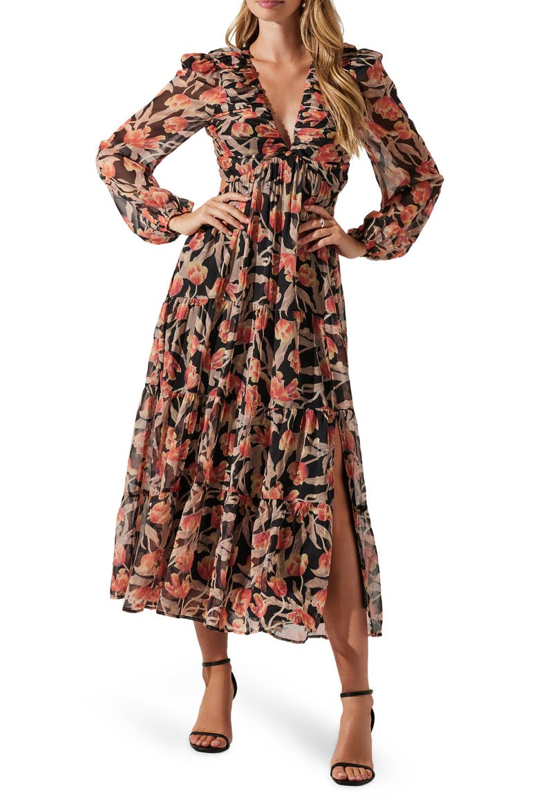 Floral Print Lace-Up Back Long Sleeve Tiered Maxi Dress, Main, color, ORANGE BLACK FLORAL