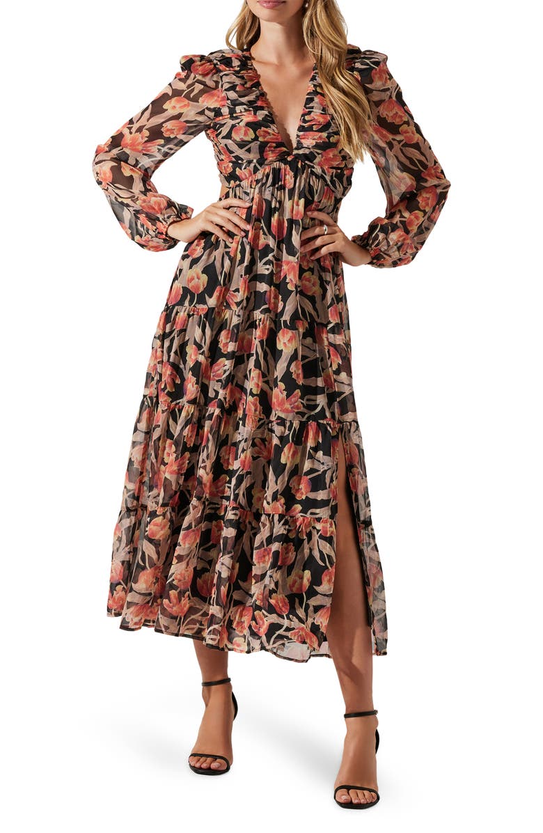 ASTR the Label Floral Print Lace-Up Back Long Sleeve Tiered Maxi Dress, Main, color, 