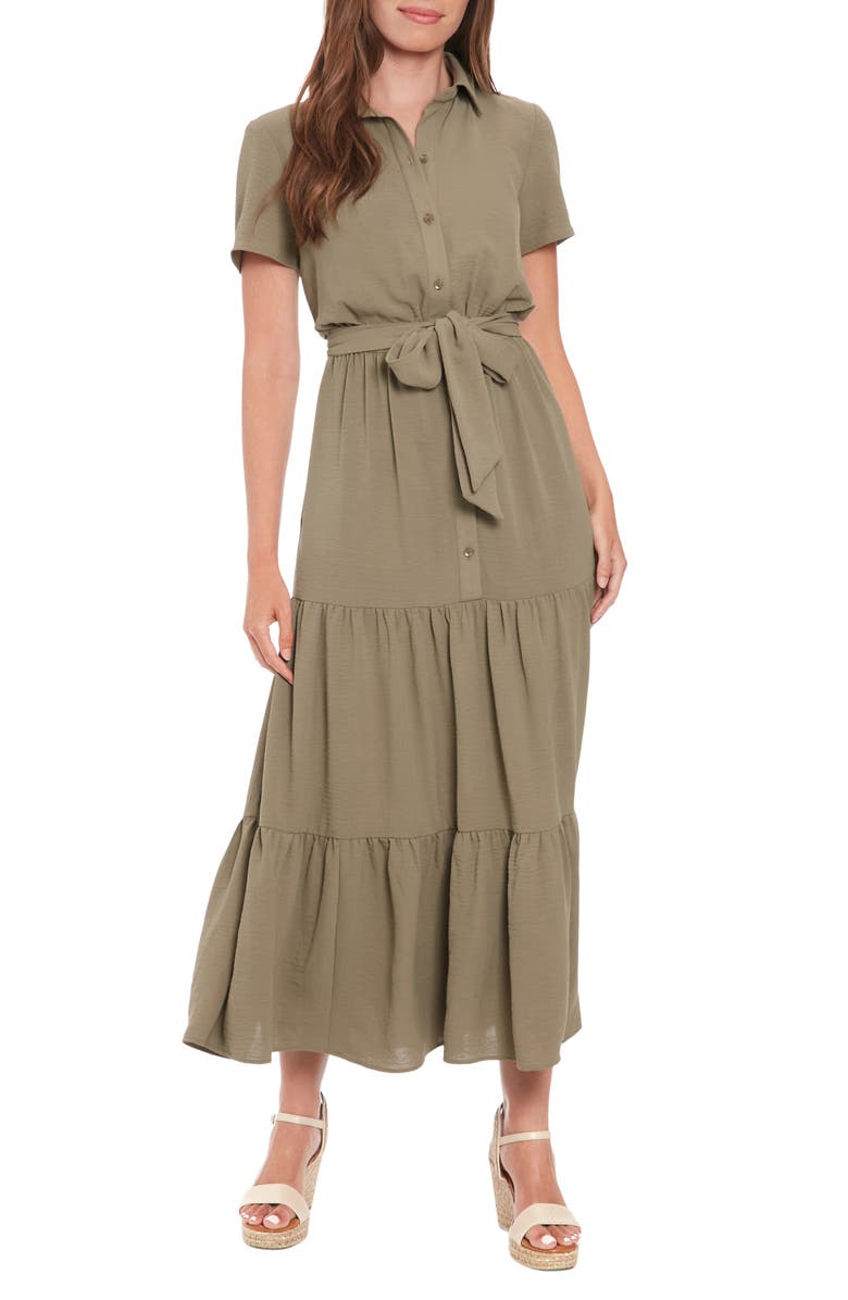 London Times Short Sleeve Tiered Shirtdress, Main, color, 
