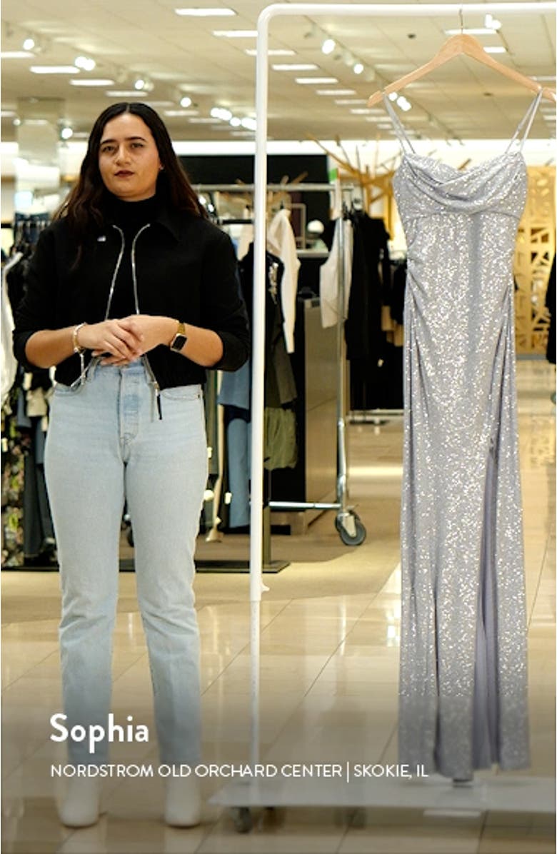 Cowl Neck Side Slit Sequin Gown, sales video thumbnail