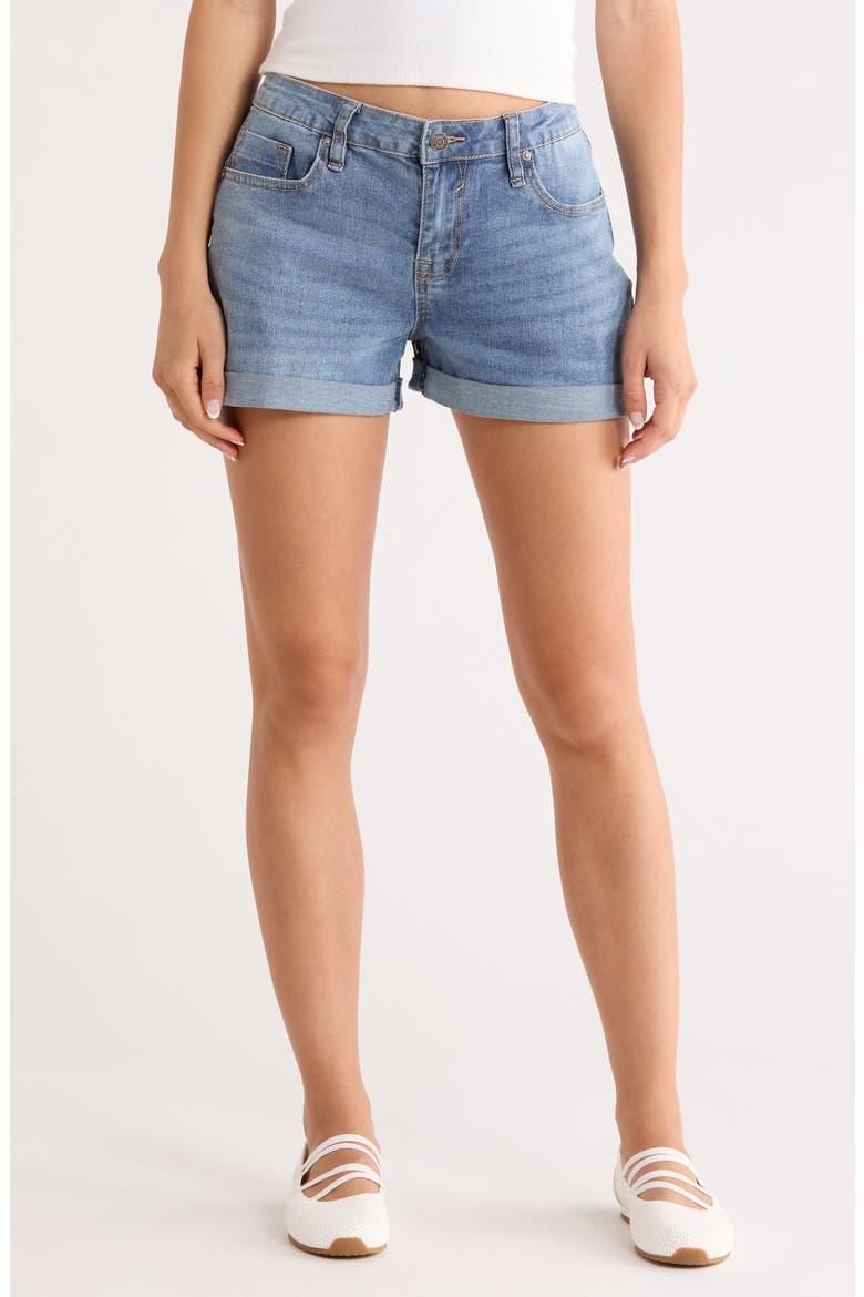 Mid Rise Double Roll Denim Shorts, Main, color, MEDIUM WASH