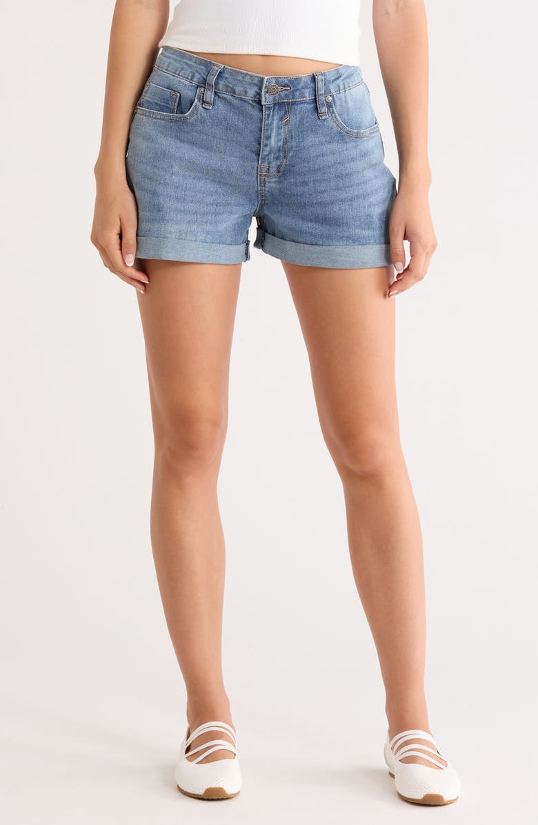 Vigoss Mid Rise Double Roll Denim Shorts, Main, color, Medium Wash