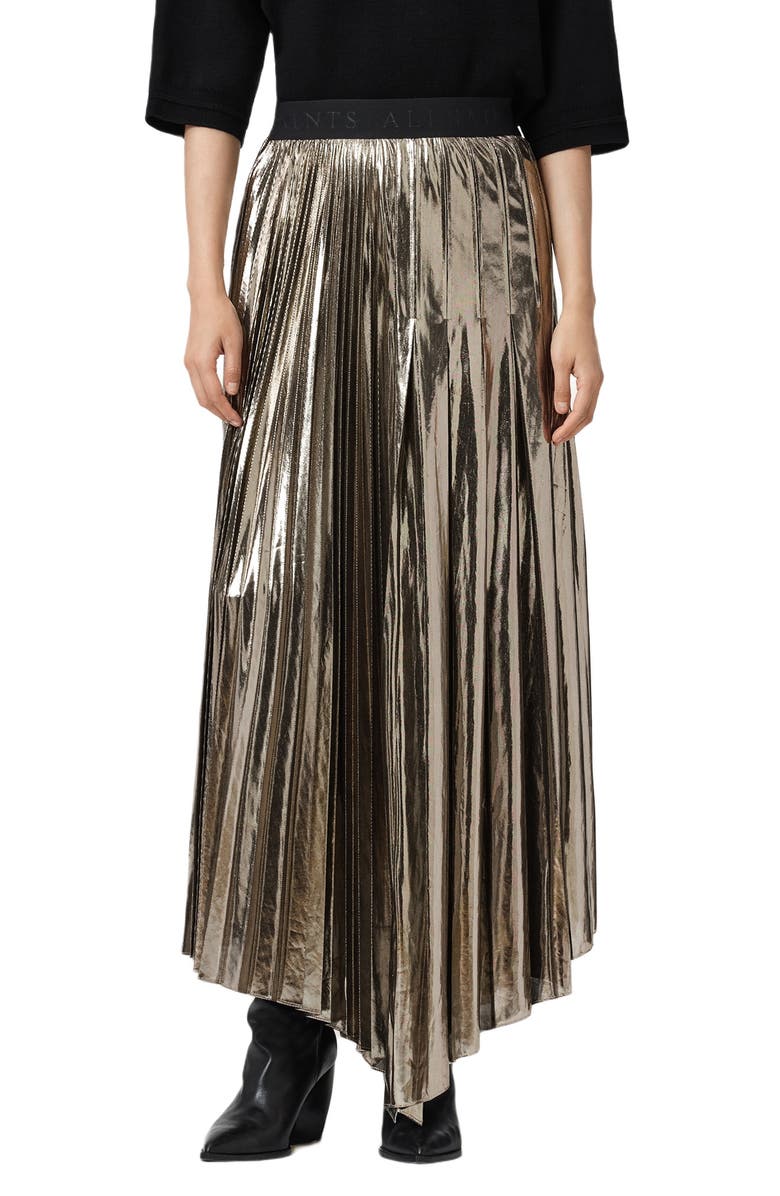 AllSaints Jax Pleated Maxi Skirt, Alternate, color, Bronze Gold