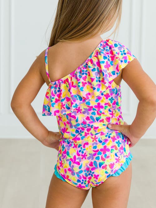 Rufflebutts Girls Upf50+ Sun Protection One Shoulder Ruffle One Piece In Vibrant Neon