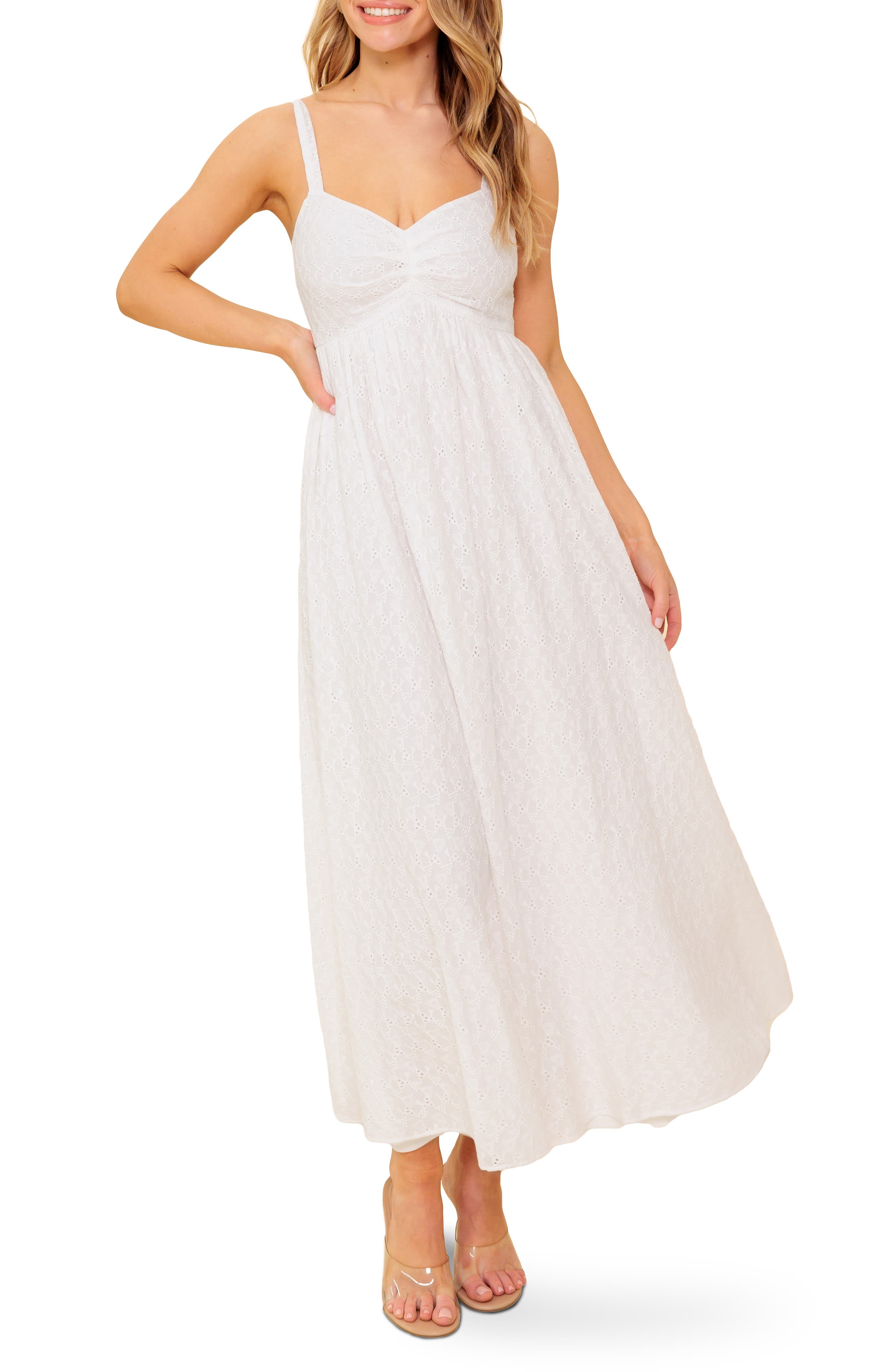 FLYING TOMATO Embroidered Eyelet Empire Waist Cotton Maxi Dress