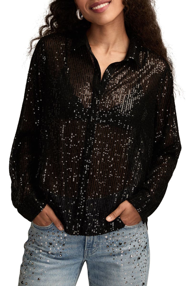 Lucky Brand Sheer Sequin Shirt, Main, color, Caviar