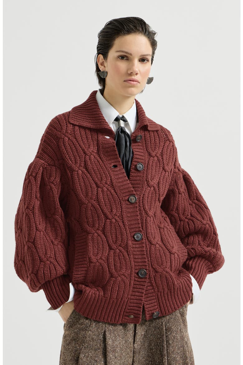 Cashmere feather yarn heritage cable cardigan, Main, color, Ruby