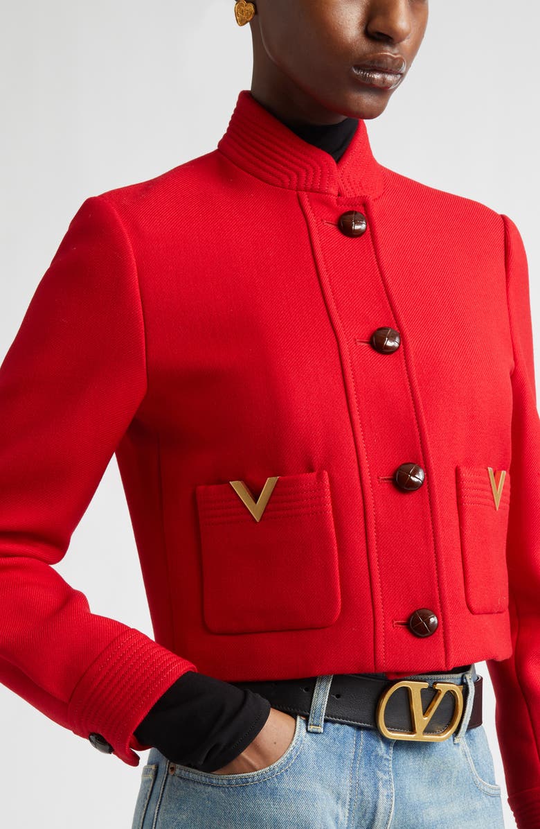 Valentino V-Detail Wool & Silk Double Drill Jacket, Alternate, color, Deep Red