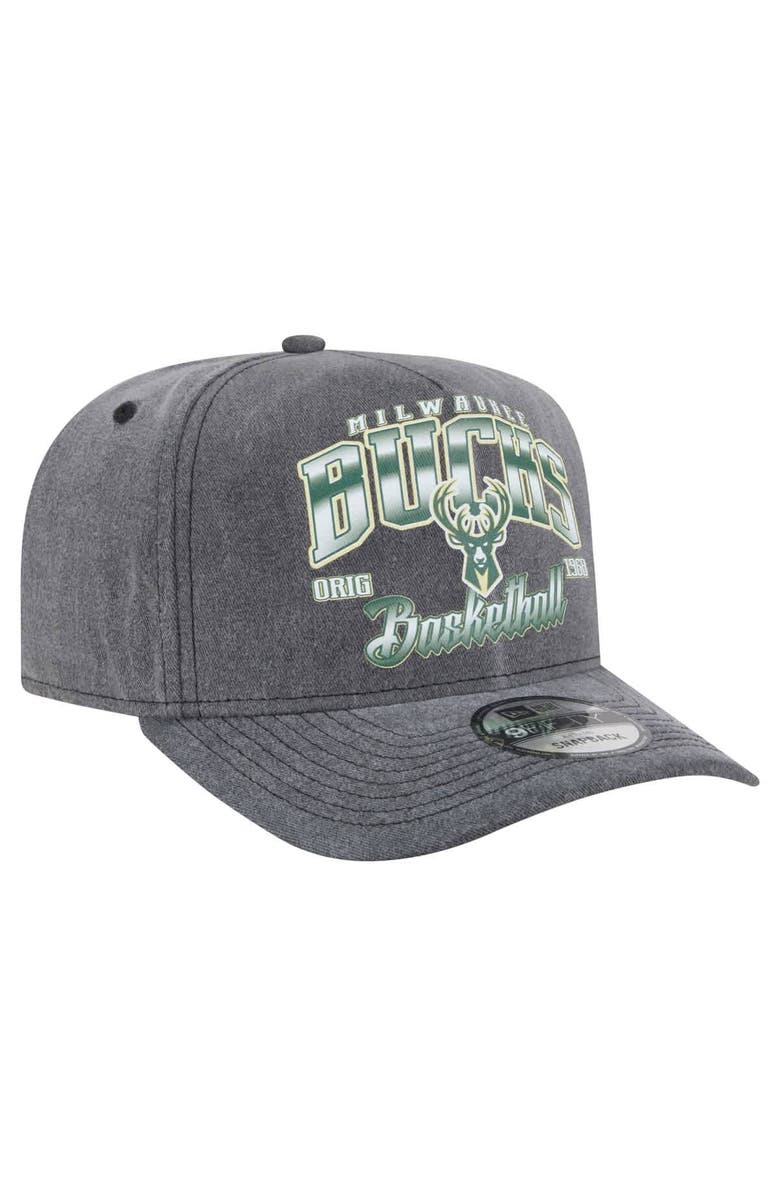 New Era Men's New Era  Charcoal Milwaukee Bucks Throwback Washed Pre-Curved 9FIFTY Snapback Hat, Alternate, color, Charcoal