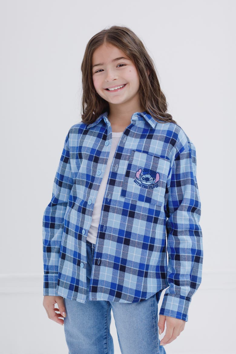 Lilo & Stitch Long Sleeve Button Down Shirt, Alternate, color, Blue Plaid Stitch