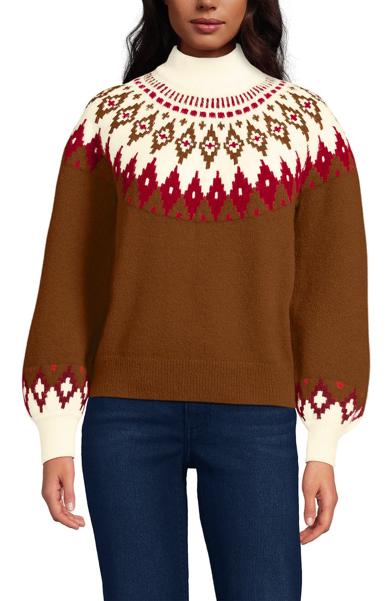 Lands' End Fuzzy Turtleneck Lantern Sleeve Jacquard Sweater, Alternate, color, Rich Ginger Brown Fairisle