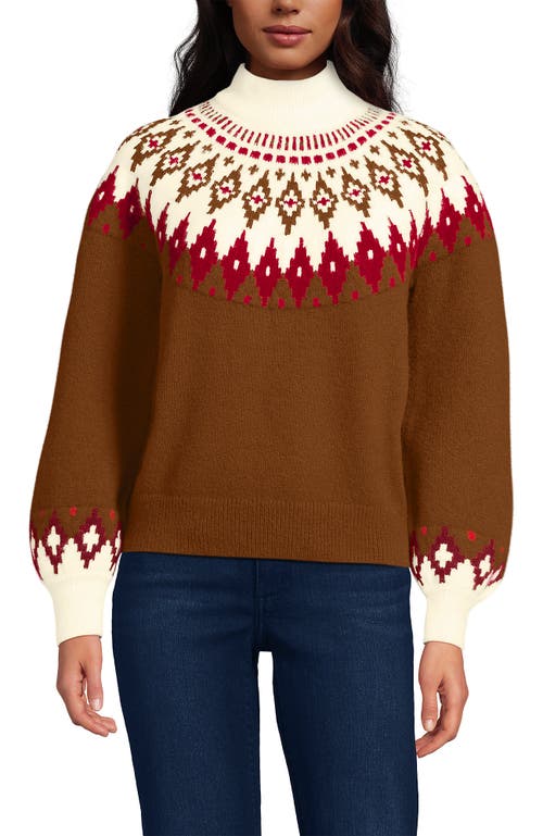 Lands' End Fuzzy Turtleneck Lantern Sleeve Jacquard Sweater In Brown
