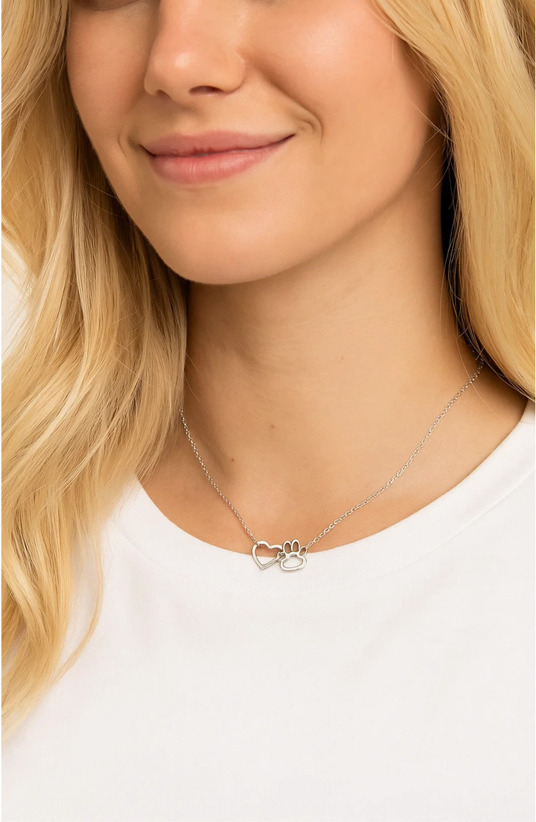 Hollywood Sensation HeartPaws 18K Gold Plated Heart and Paw Necklace, Alternate, color, Silver