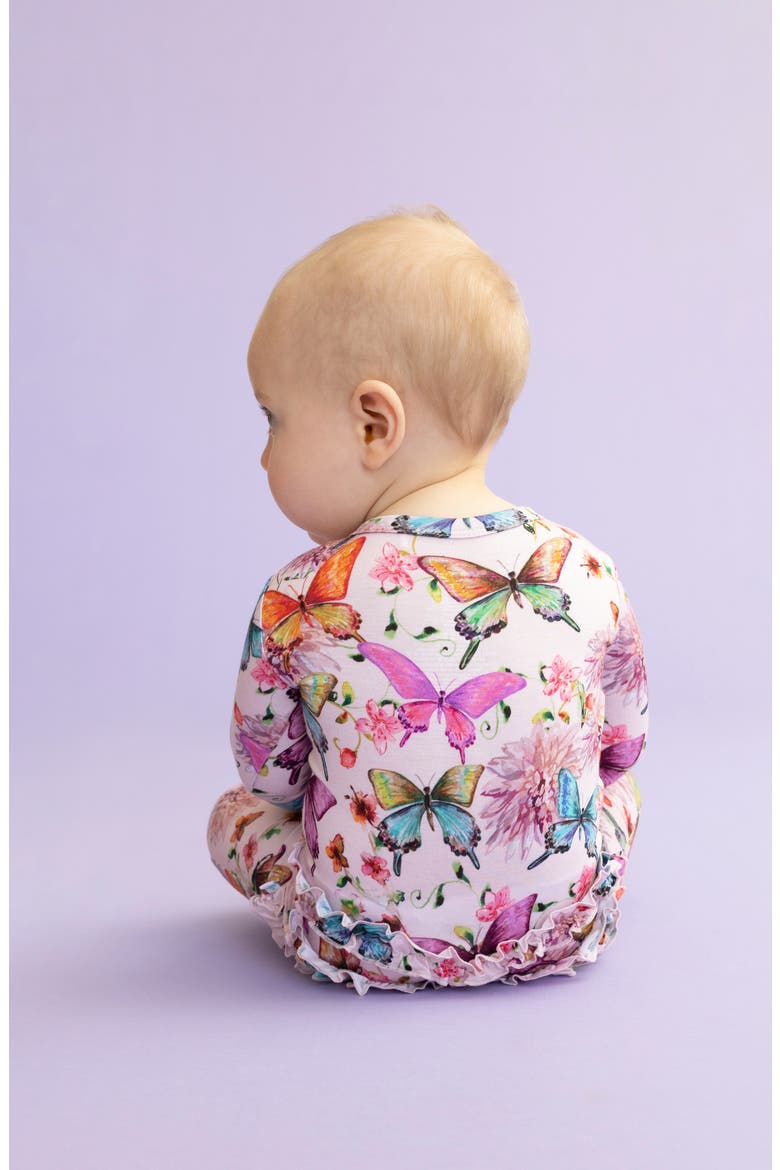 Watercolor Butterfly Ruffle Fitted Footie Pajamas, Alternate, color, OPEN PINK