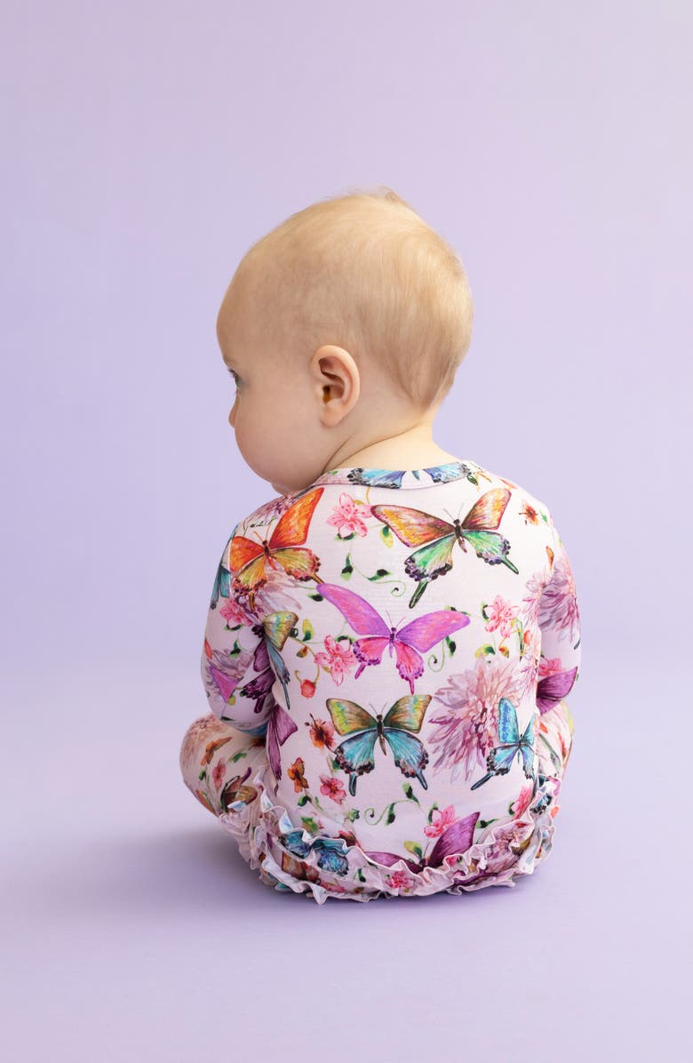 Posh Peanut Watercolor Butterfly Ruffle Fitted Footie Pajamas, Alternate, color, Open Pink