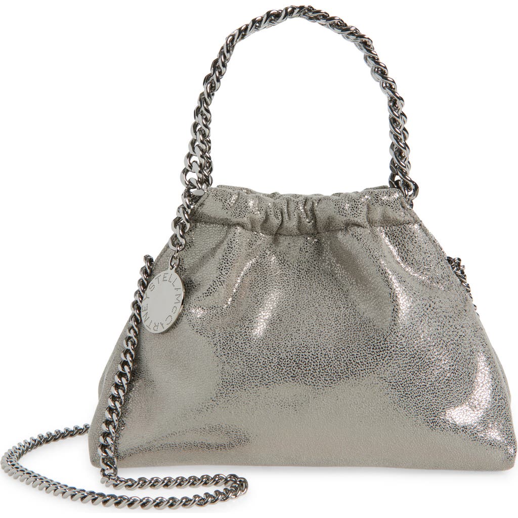 Stella Mccartney Mini Falabella Metallic Faux Leather Drawstring Crossbody Bag In Gray
