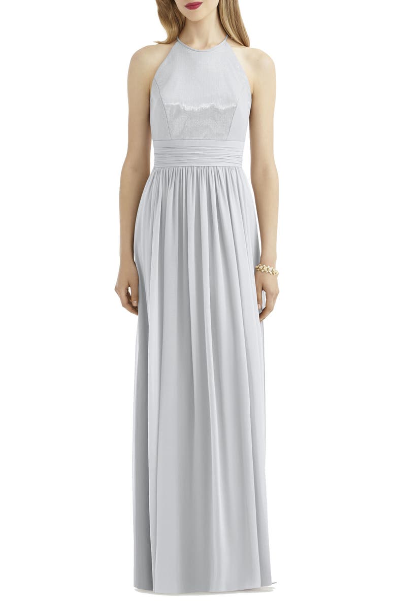 After Six Sequin Open Back Chiffon A-Line Gown, Main, color, 