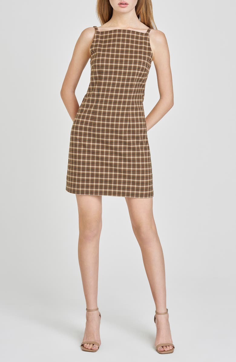 WAYF Hallie Plaid Sheath Minidress, Main, color, Brown Plaid