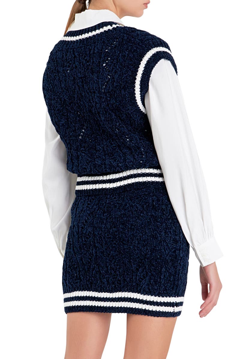 English Factory Stripe Trim Chenille Sweater Vest, Alternate, color, Navy/ White