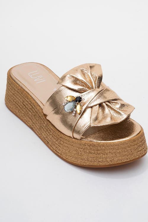 Prologue Shoes Shara Braided Bow & Bee Buckle Platform Sandal In Gold