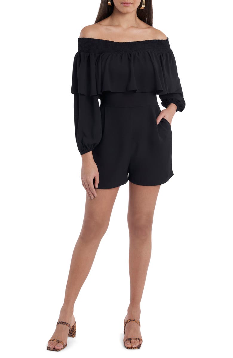 1.STATE Off-the-Shoulder Long Sleeve Romper, Main, color, Rich Black