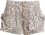 R13 Leopard Print Pleated Pouch Pocket Denim Shorts