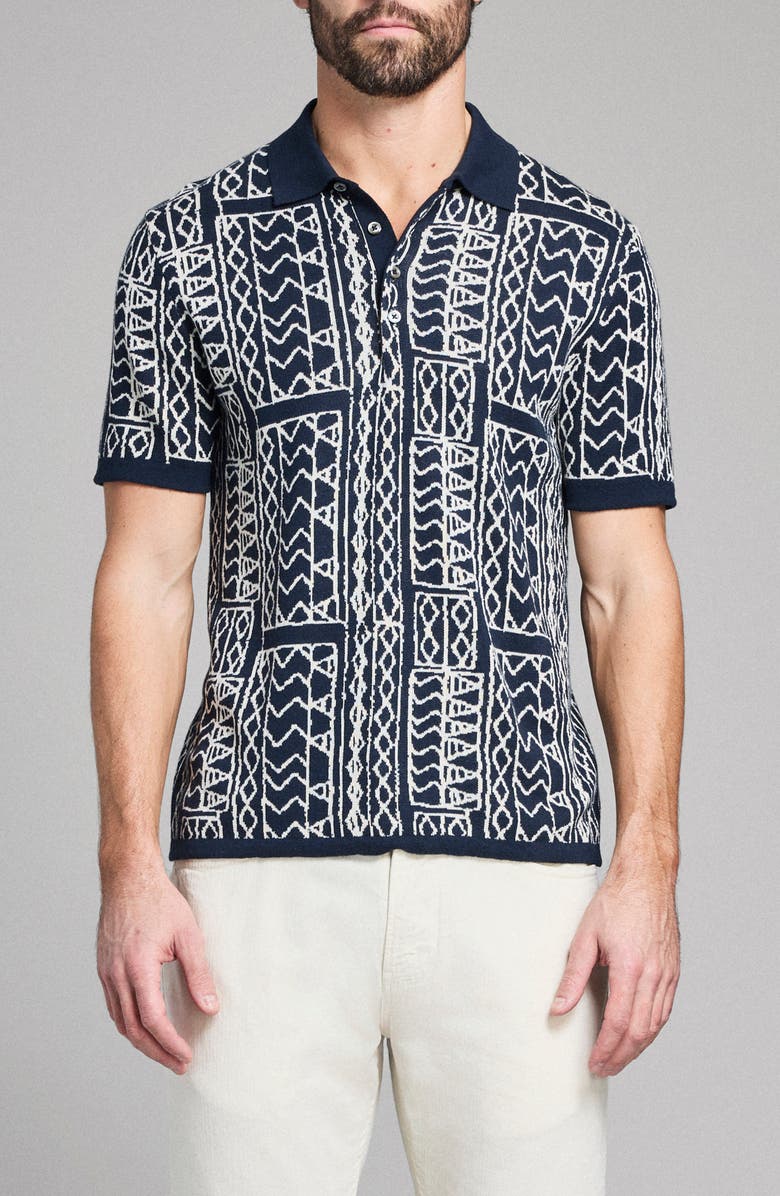 Billy Reid Geo Stitch Cotton Sweater Polo, Main, color, Carbon Blue/ Tinted White