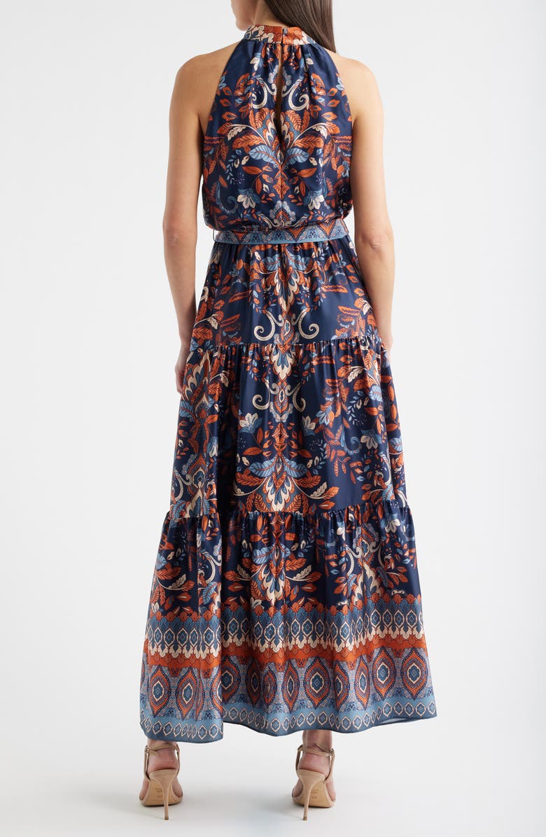 Julia Jordan Sleeveless Tiered Mock Neck Waist Tie Dress, Alternate, color, Navy