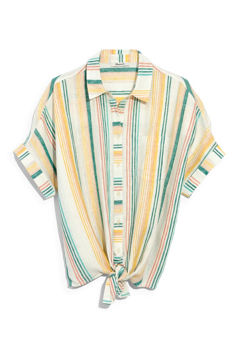Pineapple Stripe Linen Tie Front Shirt, Alternate, color, PALE PARCHMENT CARNIVAL STRIPE
