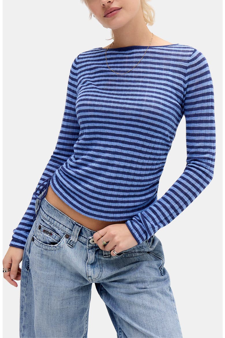 Stripe Side Ruched Sheer Knit Top, Main, color, BLUE